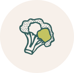 A green outlined illustration of a piece of broccoli on a cream circle background