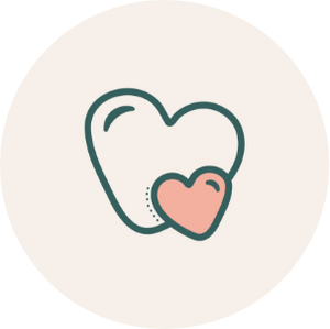 A green outline of a love heart, on a cream background. A smaller pink love heart is on the bottom right hand corner of the larger love heart.